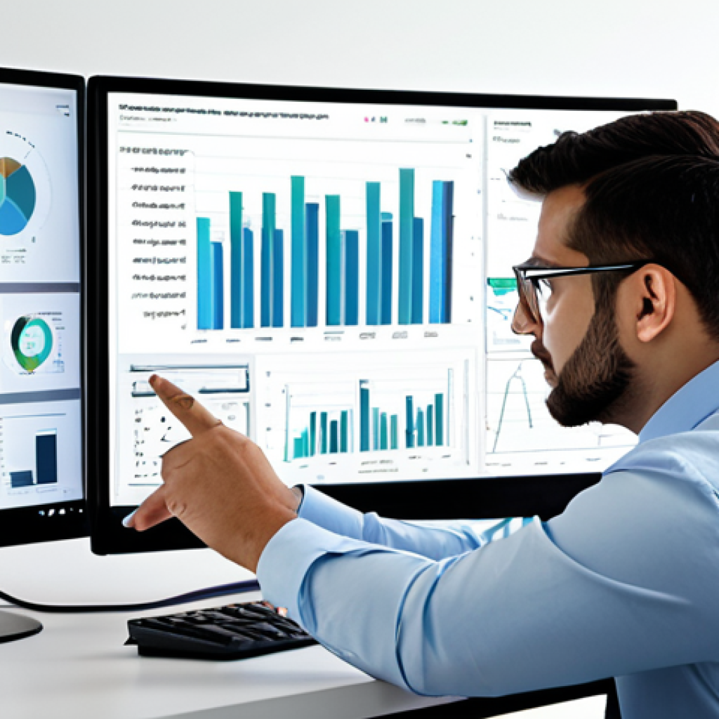 A professional data analyst, fully clothed in modest and appropriate business attire, intently reviewing complex digital charts and analytical graphs displayed on a large, high-resolution monitor. The setting is a clean, well-lit modern office, conveying a sense of strategic focus and informed decision-making. The subject exhibits perfect anatomy, correct proportions, a natural pose, well-formed hands, and proper finger count, with natural body proportions. This is a professional image, high quality, safe for work, and family-friendly content.