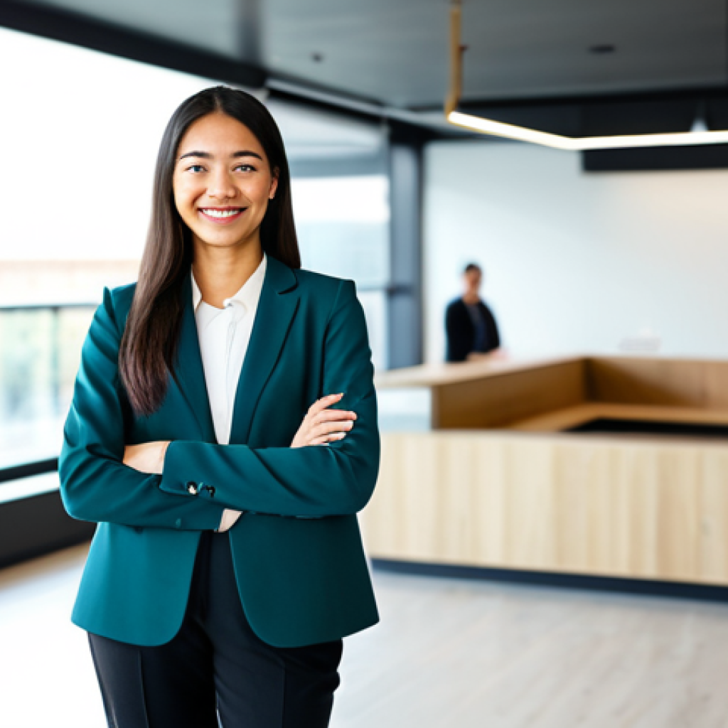 A professional female entrepreneur in a modest, modern business casual blazer and trousers, standing in a bright, contemporary co-working space. She has an open, inviting expression, gesturing subtly towards the viewer, symbolizing genuine connection and community. In the background, diverse, blurred figures subtly represent an engaged audience, and abstract, subtle lines suggest digital networks and bridges. fully clothed, appropriate attire, safe for work, perfect anatomy, correct proportions, natural pose, well-formed hands, proper finger count, natural body proportions, professional photography, high quality, natural lighting, a sense of authentic engagement.