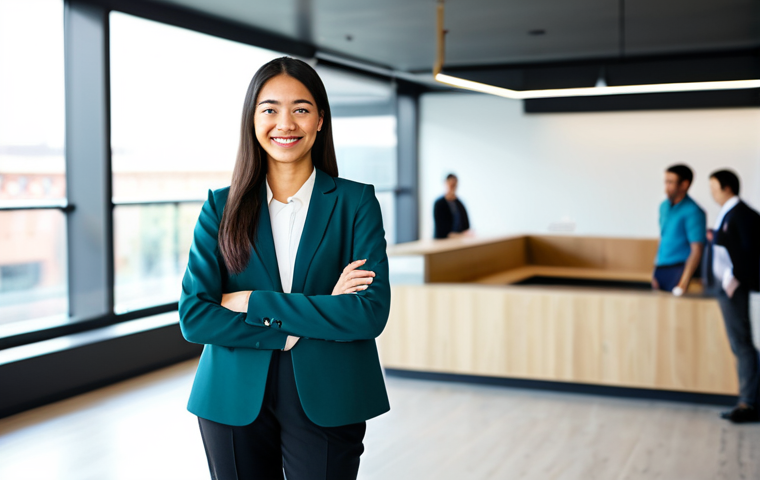 A professional female entrepreneur in a modest, modern business casual blazer and trousers, standing in a bright, contemporary co-working space. She has an open, inviting expression, gesturing subtly towards the viewer, symbolizing genuine connection and community. In the background, diverse, blurred figures subtly represent an engaged audience, and abstract, subtle lines suggest digital networks and bridges. fully clothed, appropriate attire, safe for work, perfect anatomy, correct proportions, natural pose, well-formed hands, proper finger count, natural body proportions, professional photography, high quality, natural lighting, a sense of authentic engagement.