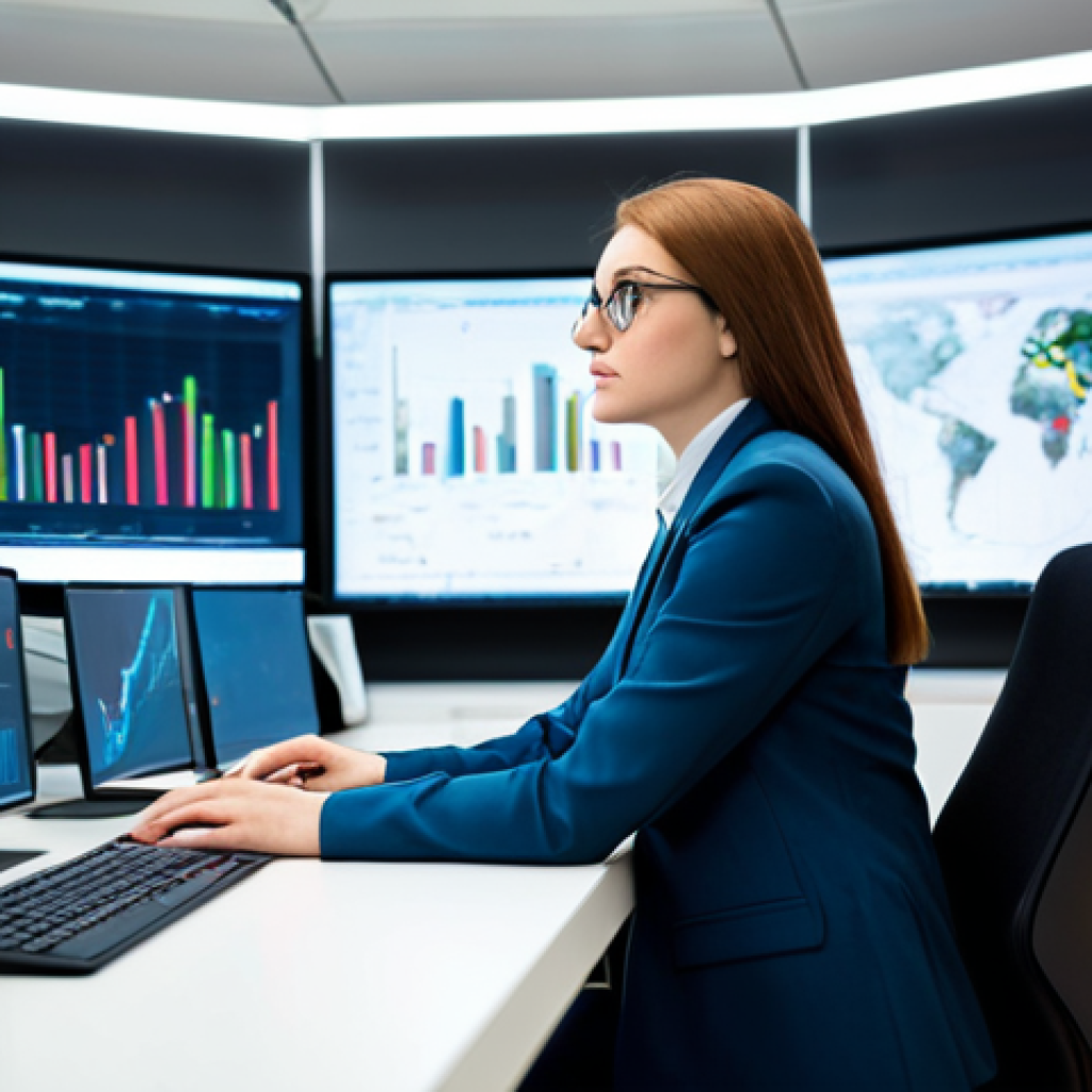 A focused female professional, appearing as a marketing data analyst, in a modest, contemporary business suit. She is seated at a sleek desk in a modern, brightly lit tech office, surrounded by multiple large monitors displaying complex data visualizations, financial charts, and subtle AI-powered analytics interfaces. The background includes blurred server racks and digital patterns, emphasizing technological advancement and precision. Professional photography, high resolution, perfect anatomy, correct proportions, well-formed hands, natural pose, natural body proportions, fully clothed, modest clothing, appropriate attire, professional dress, safe for work, appropriate content.