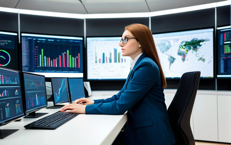 A focused female professional, appearing as a marketing data analyst, in a modest, contemporary business suit. She is seated at a sleek desk in a modern, brightly lit tech office, surrounded by multiple large monitors displaying complex data visualizations, financial charts, and subtle AI-powered analytics interfaces. The background includes blurred server racks and digital patterns, emphasizing technological advancement and precision. Professional photography, high resolution, perfect anatomy, correct proportions, well-formed hands, natural pose, natural body proportions, fully clothed, modest clothing, appropriate attire, professional dress, safe for work, appropriate content.