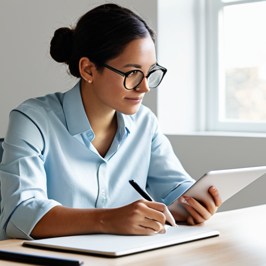A professional, thoughtful content creator, fully clothed in modest, stylish business casual attire, is seated at a minimalist desk in a bright, modern creative studio. They are looking at a tablet, a hand resting gently on its surface, with a notepad and a professional camera subtly in the foreground, suggesting authentic visual storytelling. The studio features soft, natural light filtering through a large window and a clean, inspiring background with subtle plants. The image conveys a sense of deep engagement and creativity, capturing the human element of digital content. Perfect anatomy, correct proportions, natural pose, well-formed hands, proper finger count, natural body proportions, safe for work, appropriate content, professional, family-friendly.