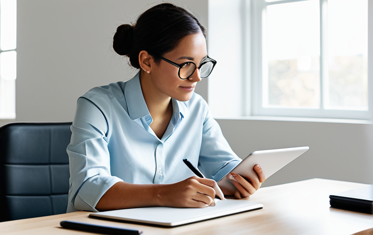 A professional, thoughtful content creator, fully clothed in modest, stylish business casual attire, is seated at a minimalist desk in a bright, modern creative studio. They are looking at a tablet, a hand resting gently on its surface, with a notepad and a professional camera subtly in the foreground, suggesting authentic visual storytelling. The studio features soft, natural light filtering through a large window and a clean, inspiring background with subtle plants. The image conveys a sense of deep engagement and creativity, capturing the human element of digital content. Perfect anatomy, correct proportions, natural pose, well-formed hands, proper finger count, natural body proportions, safe for work, appropriate content, professional, family-friendly.