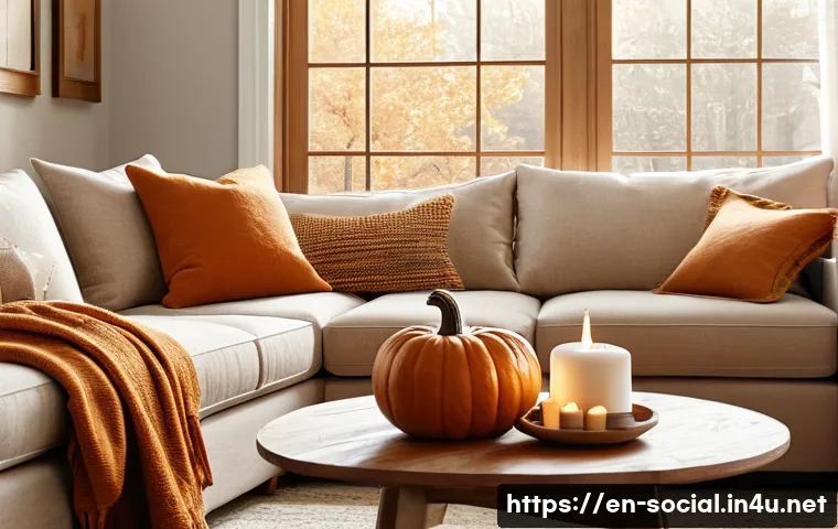 핀터레스트 마케팅 사례 - A cozy, sunlit living room interior featuring warm earth tones and soft textures, decorated with sea...