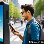 소셜미디어마케팅과 글로벌 트렌드 - A dynamic urban scene capturing a young traveler using a smartphone to find last-minute hotel deals ...