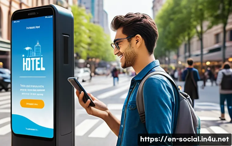 소셜미디어마케팅과 글로벌 트렌드 - A dynamic urban scene capturing a young traveler using a smartphone to find last-minute hotel deals ...
