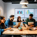 소셜미디어마케터와 크리에이터의 협력 - A vibrant creative workspace scene showing diverse marketers and content creators collaborating arou...