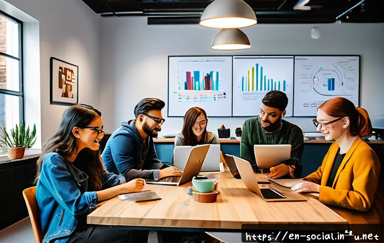 소셜미디어마케터와 크리에이터의 협력 - A vibrant creative workspace scene showing diverse marketers and content creators collaborating arou...