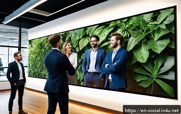 소셜미디어마케터의 윤리적 책임 - A modern office scene showing a diverse marketing team collaborating around a large digital screen d...