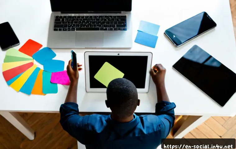소셜미디어 콘텐츠 바이럴 전략 - Photorealistic overhead view of a diverse young marketing team around a clean modern desk, one perso...