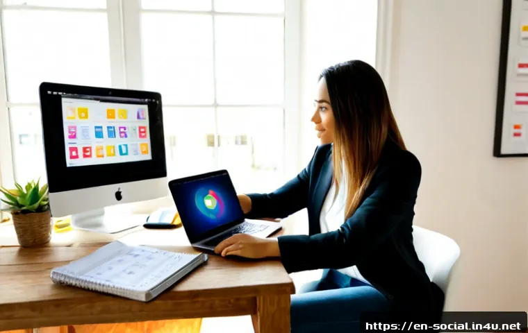 소셜미디어마케터로 창업하기 - Photorealistic home office scene of a confident freelance social media marketer launching a small bu...