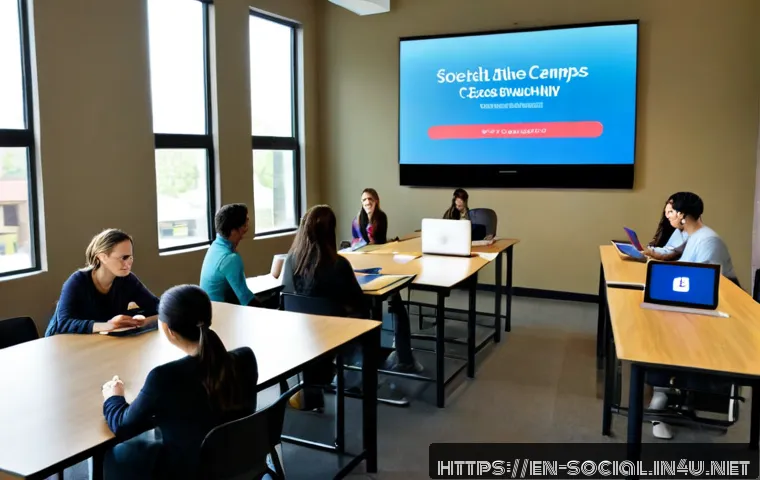 소셜미디어마케팅 중점 과목 - Photorealistic university social media marketing class, diverse adult students seated around a clean...