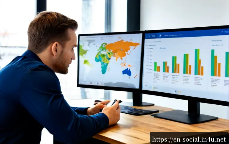 소셜미디어마케팅과 SEO 연계 전략 - Photorealistic modern marketing workspace, diverse small business team reviewing a social media camp...